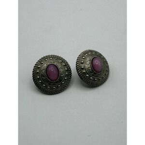 Vintage Silver Tone Purple Cabochon Earrings – Retro Statement Costume Jewelry
